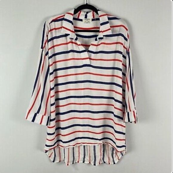 Umgee Tops - Umgee Hi Low Hem Tunic Shirt Size Large Red White Blue Pullover 3/4 Sleeves